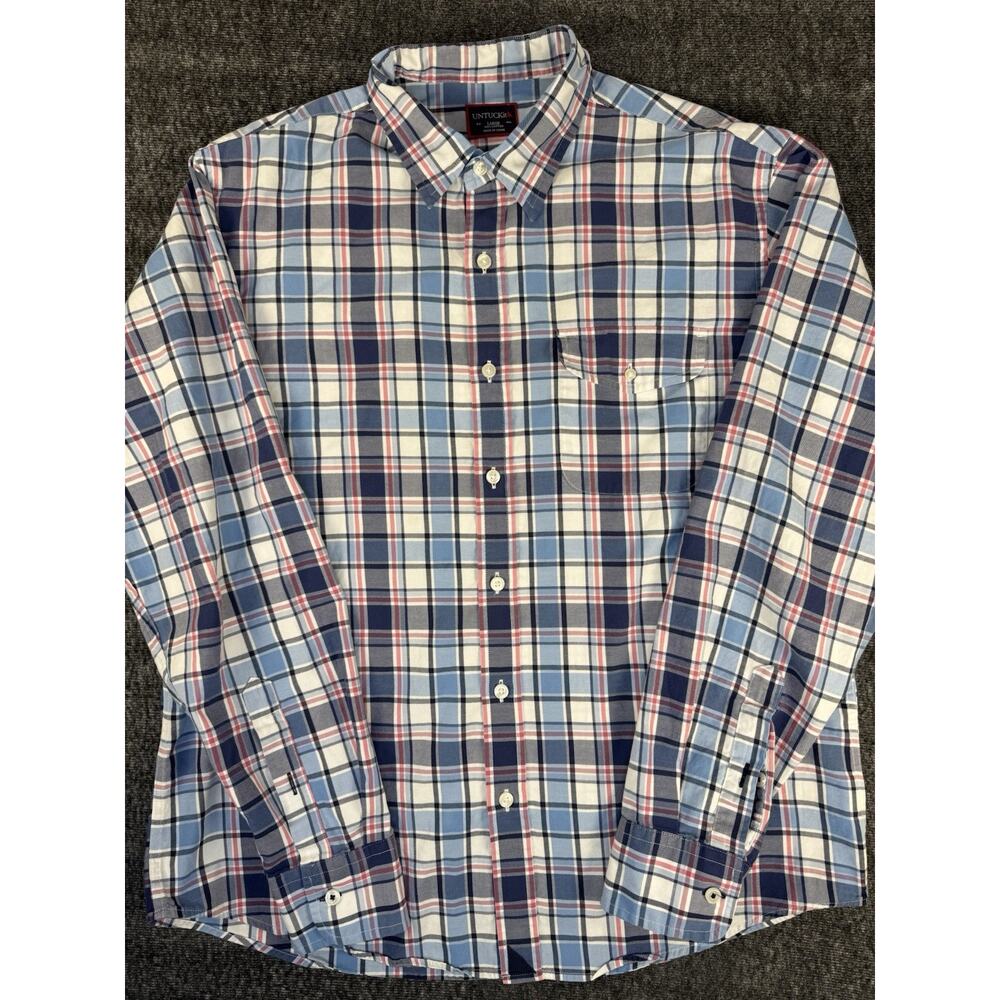 Mens Untuckit Blue & Pink Plaid Button Up Front Pocket Longsleeve Shirt Large